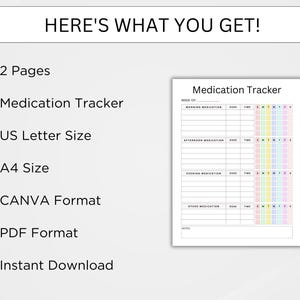 May include: A printable medication tracker with a rainbow color scheme. The tracker includes sections for morning, afternoon, evening, and other medications. It also includes a section for notes. The tracker is available in US Letter and A4 sizes, and in Canva and PDF formats. It is an instant download.