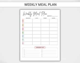 Op de afbeelding: Een printbare wekelijkse maaltijdplanner met een sectie voor de boodschappenlijst. De planner heeft kolommen voor ontbijt, lunch, diner en snacks, en rijen voor elke dag van de week. De planner is ontworpen om mensen te helpen hun maaltijden te plannen en een boodschappenlijst te maken.