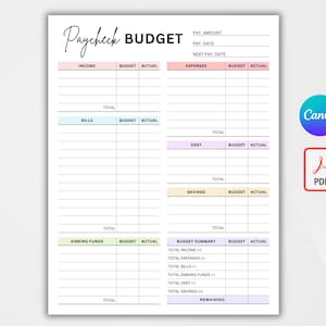 Puede incluir: Una hoja de trabajo de seguimiento de presupuesto imprimible con secciones para ingresos, gastos, facturas, deudas, ahorros, fondos de reserva y un resumen del presupuesto. La hoja de trabajo está diseñada para ayudar a las personas a realizar un seguimiento de sus finanzas y mantenerse dentro del presupuesto.