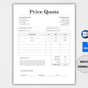 Editable Quote Template | Job Quote & Price Estimate Template | Quotation Form for Small Business | Proposal Template Word and Google Docs