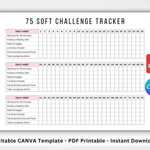 May include: A printable 75-day challenge tracker with a pink and black colour scheme. The tracker is divided into three sections, each with a list of daily habits to track. The habits include working out for 45 minutes, following a healthy diet, reading 10 pages, drinking 1.5 litres of water, avoiding alcohol and junk food, and taking a progress photo.