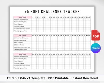 Editable 75 Soft Challenge Tracker. Printable 75 Soft Challenge. 75 Day Challenge. Fitness & Health Journal. Weight Loss Challenge PDF/CANVA