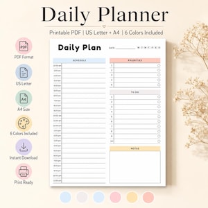 Può includere: Un modello di agenda giornaliera in PDF stampabile con un programma dalle 12:00 alle 23:00, una sezione priorità con cinque righe numerate, una lista di cose da fare con dieci righe numerate e uno spazio per le note.