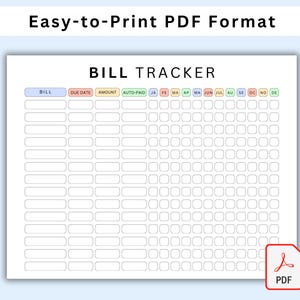 Puede incluir: Un rastreador de facturas imprimible con columnas para el nombre de la factura, la fecha de vencimiento, el monto, el pago autom&aacute;tico y los pagos mensuales de enero a diciembre. El rastreador est&aacute; en formato PDF.