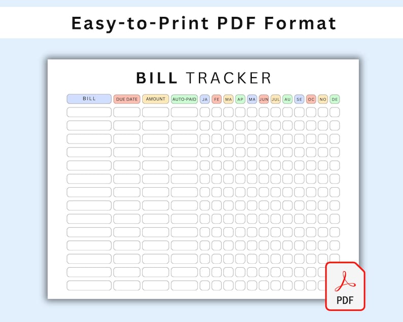 Puede incluir: Un rastreador de facturas imprimible con columnas para el nombre de la factura, la fecha de vencimiento, el monto, el pago autom&aacute;tico y los pagos mensuales de enero a diciembre. El rastreador est&aacute; en formato PDF.