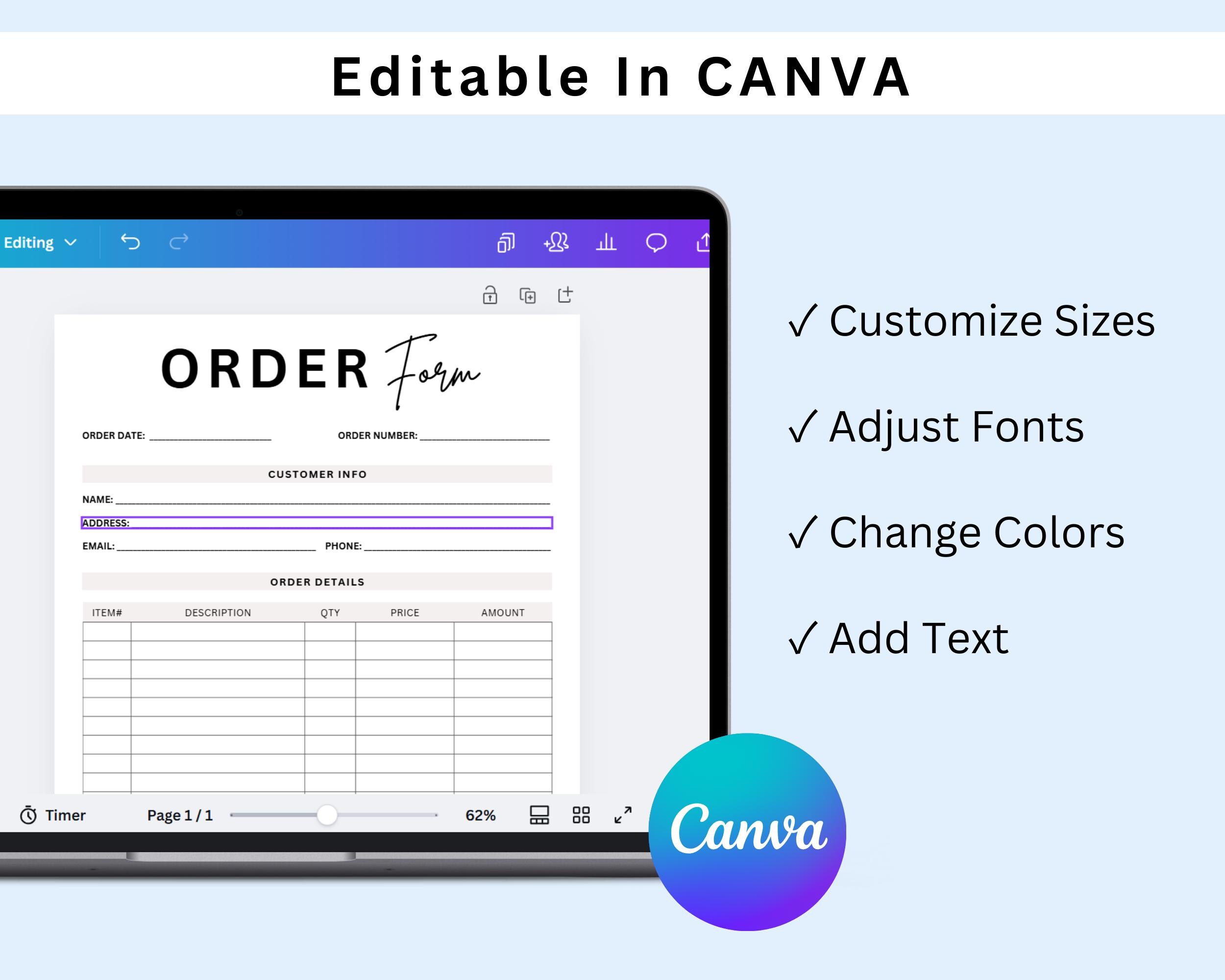 Editable Order Form Template Canva PDF, Small Business Purchase Form ...
