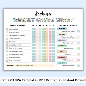 Editable Kids Weekly Chore Chart, Responsibility Checklist, Kids Responsibility Chart, Kids Chore List, Daily Routine Checklist, Canva & PDF