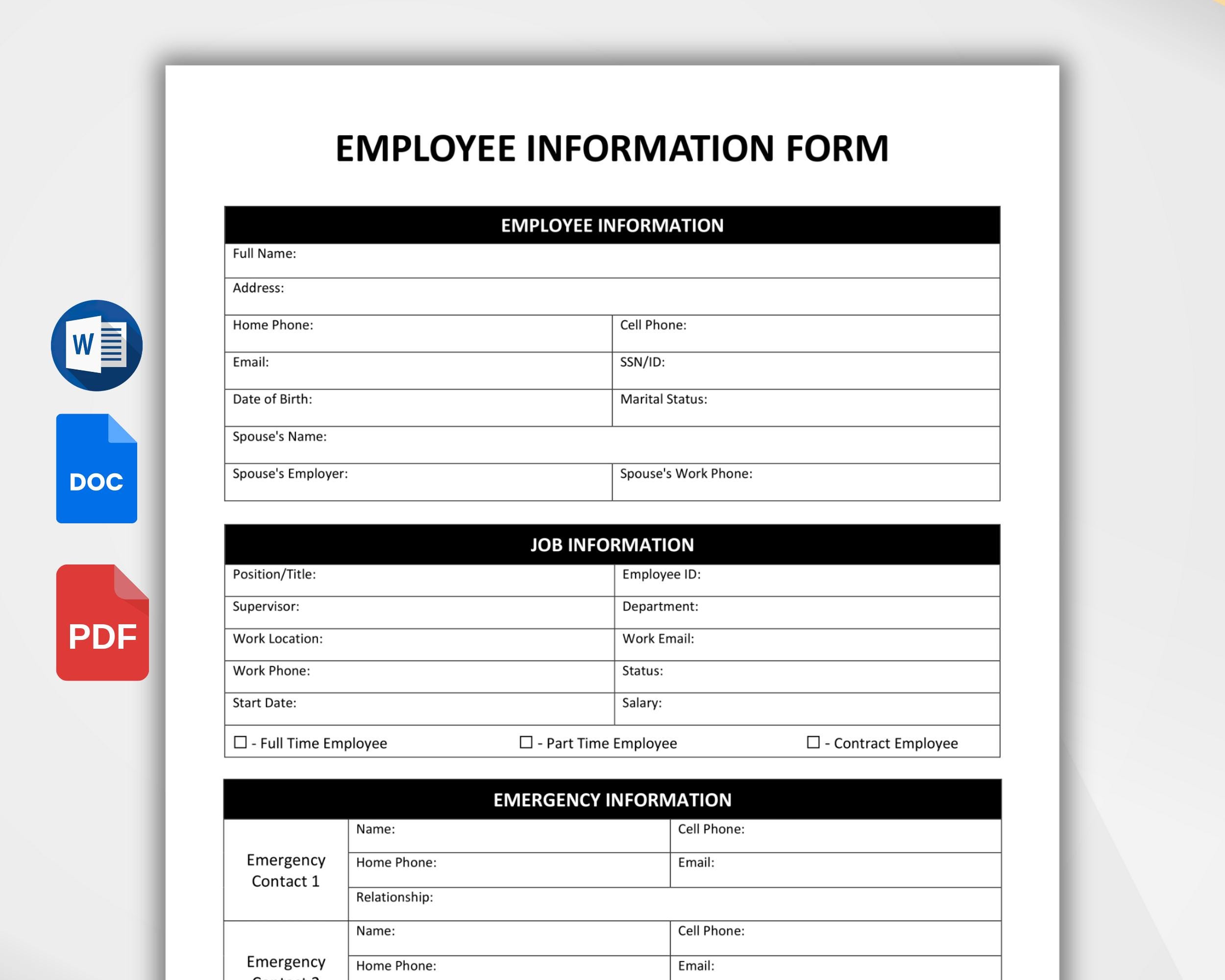 EDITABLE Employee Information Form. New Hire Paperwork. HR Templates ...