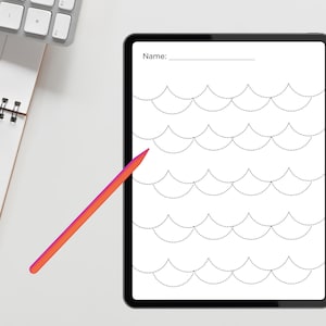Puede incluir: Una tableta digital con fondo blanco y un patr&oacute;n de l&iacute;neas punteadas en forma de curvas. El texto "Nombre:" est&aacute; en la parte superior de la tableta.