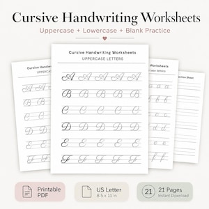 May include: Cursive handwriting worksheets featuring uppercase and lowercase letters with blank practice lines. The pages are labeled Cursive Handwriting Worksheets, Uppercase Letters, and Practice Sheet. The document is 8.5 x 11 inches in size.