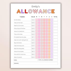 May include: A printable chore chart with a pink and orange color scheme. The chart is titled "Emily's Allowance" and lists various chores with corresponding values in dollars. There are columns for each day of the week and a total column. The chart also includes sections for a goal and reward.