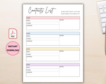 Printable Contact List, Address book printable, Client Contact information PDF, Instant Download, Planner Template, A4, Letter size, Digital