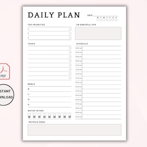 Op de afbeelding: Een printbare dagelijkse planner met secties voor topprioriteiten, taken, maaltijden, waterinname, notities en ideeën, en een schema. De planner bevat ook een sectie voor dankbaarheid.