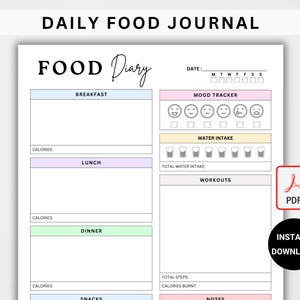 Printable Daily Food Diary | Meal Planner & Calorie Tracker | Nutrition Journal | Diet and Nutrition Log PDF | Food Journal | Eating Journal