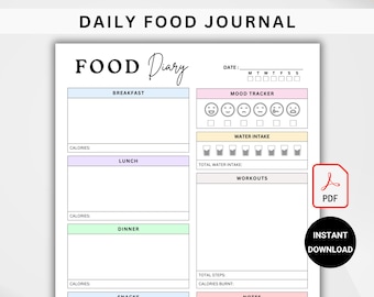 Food Journal, Printable, Digital, Food Diary, Daily Food Journal, Fitness Diet, Meal Journal, Meal Tracker, Calorie Tracker, Nutrition Log