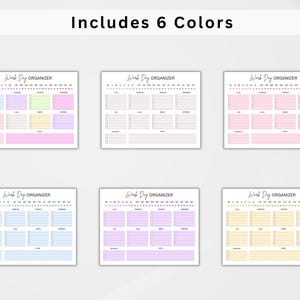 May include: Six printable daily planner pages in different pastel colors: light blue, light pink, light yellow, lavender, beige, and light green. Each page has the text "Work Day Organizer" at the top.