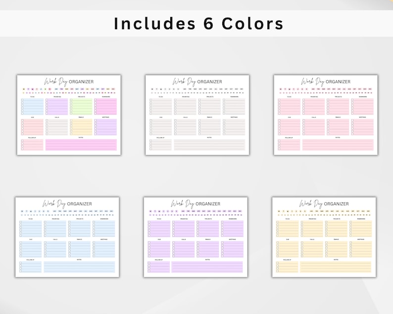 May include: Six printable daily planner pages in different pastel colors: light blue, light pink, light yellow, lavender, beige, and light green. Each page has the text "Work Day Organizer" at the top.