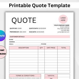 Quote Template. Quote Form. Job Quote. Job Proposal. Small Business Price Estimate Template. Editable Quotation Sheet. Canva Templates.