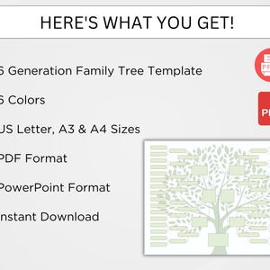 May include: A 6-generation family tree template in PowerPoint and PDF formats. The template includes 6 colors and is available in US Letter, A3, and A4 sizes.  The image shows a sample family tree with a green tree and white boxes for names.