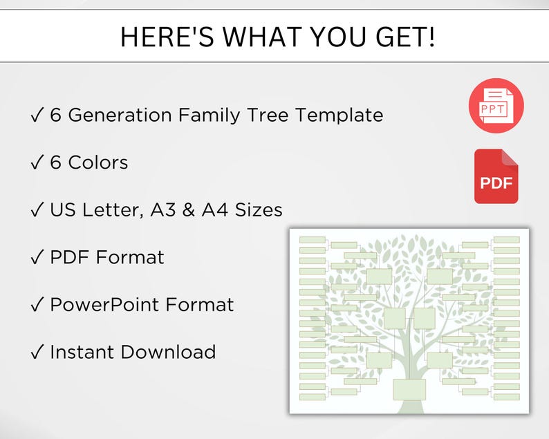 May include: A 6-generation family tree template in PowerPoint and PDF formats. The template includes 6 colors and is available in US Letter, A3, and A4 sizes.  The image shows a sample family tree with a green tree and white boxes for names.