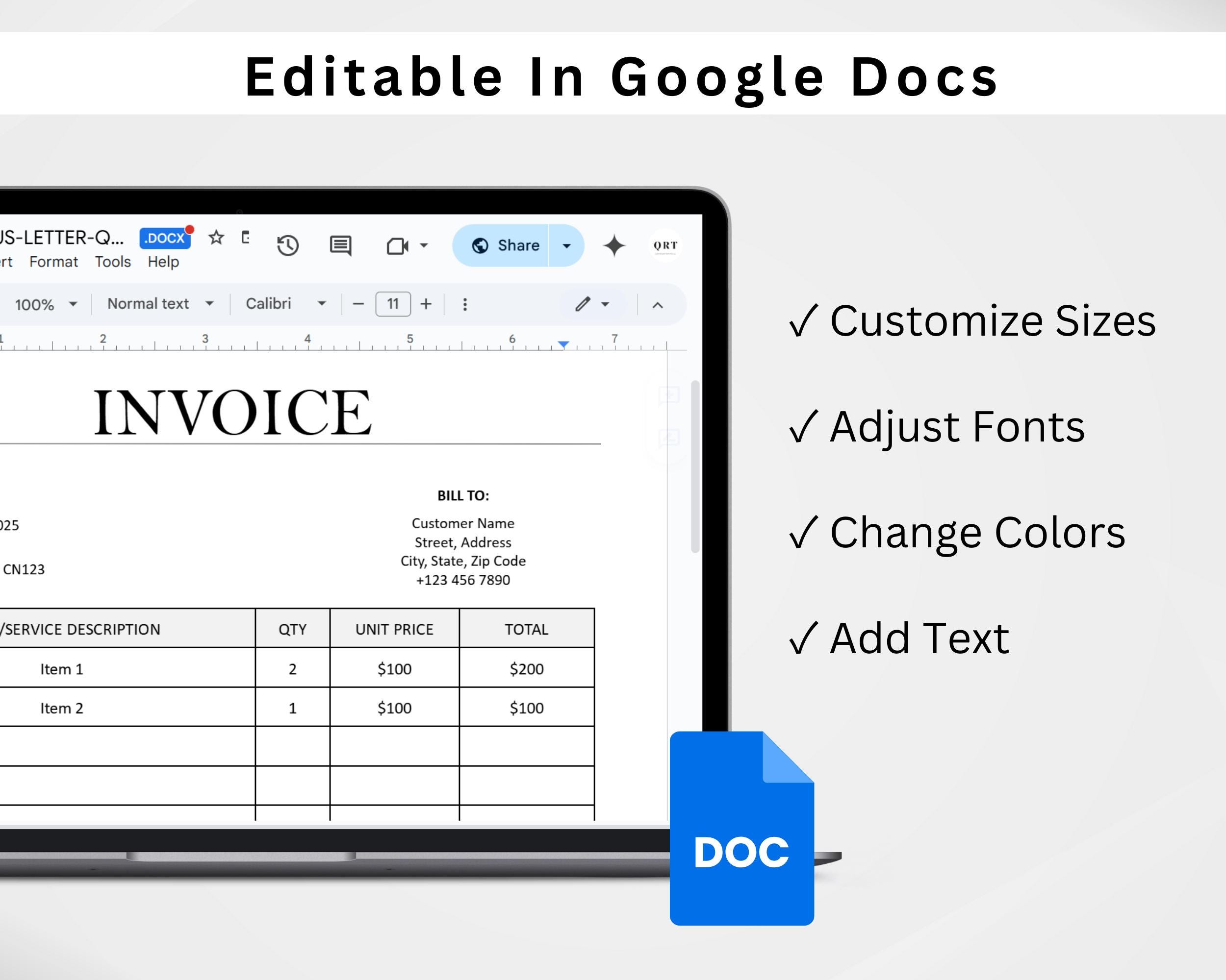 Editable Invoice Template. Printable Microsoft Word Invoice (A4 & US ...