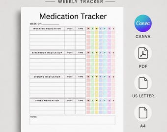 Daily Medication Tracker, Medication Log and Medicine List, Printable Medication Sheet, Canva Template & PDF