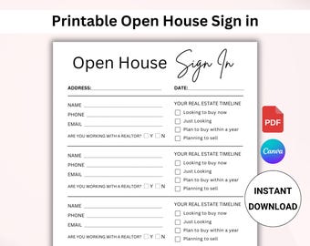 PRINTABLE Open House Sign-In Sheet. Realtor Marketing Materials. Open House Sign In. Real Estate Marketing. Canva Template. Instant Download