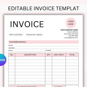 Editable Invoice Template. Invoice Form. Custom Invoice. Small Business Invoice. Billing Template. Modern Invoice. Canva Template