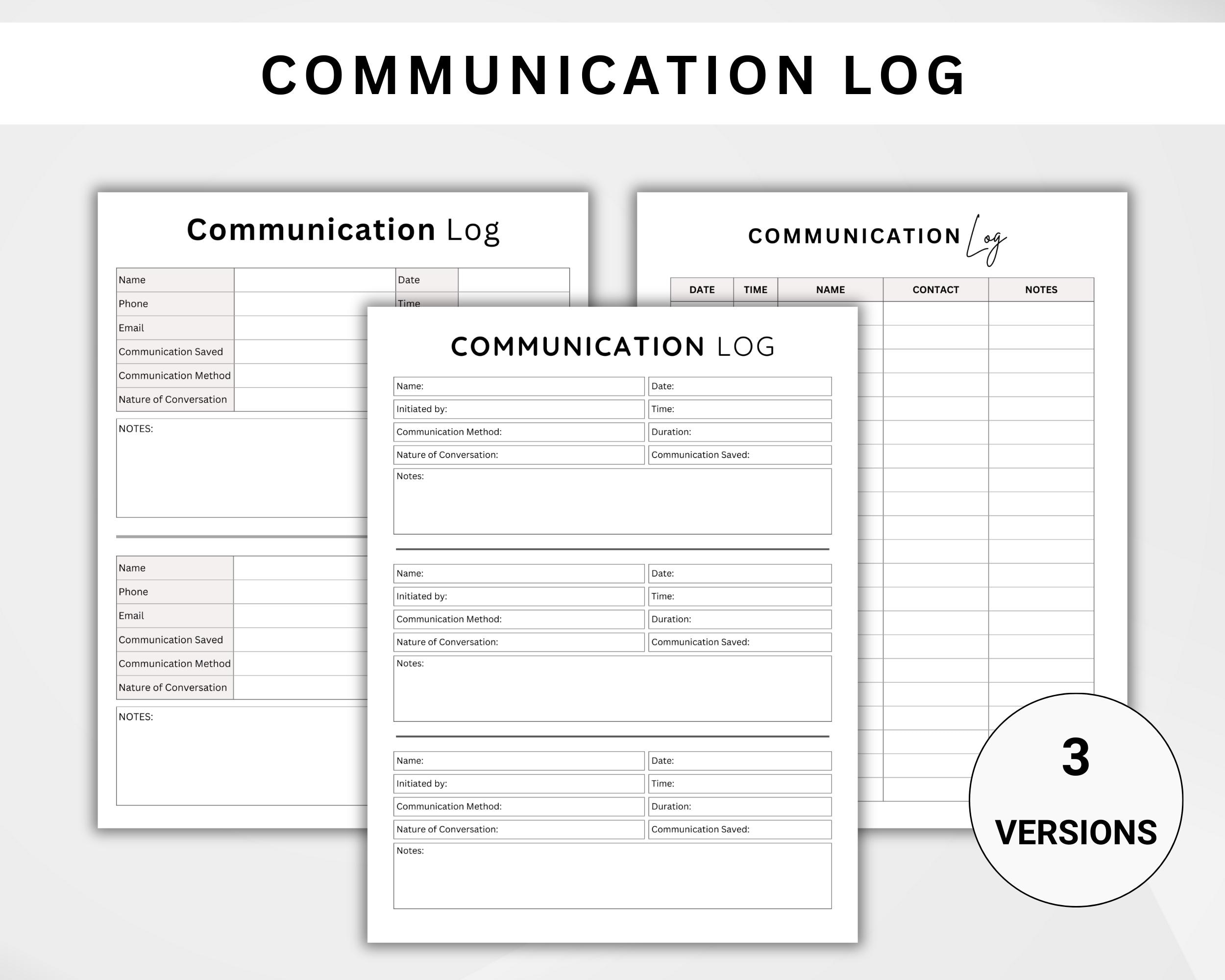 Printable Communication Log, Parent Communication Record, Call Log ...