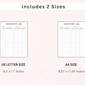 Puede incluir: Dos plantillas de registro de inventario en blanco, una en tama&ntilde;o US Letter (8,5" x 11") y otra en tama&ntilde;o A4 (8,27" x 11,69"). Cada plantilla tiene columnas para la descripci&oacute;n del art&iacute;culo, la cantidad vendida, la cantidad en stock y las notas.