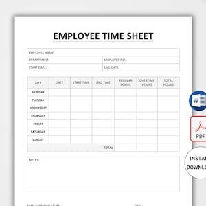 Employee Time Sheet Log Printable | Hours Worked Log | Weekly Timesheet Tracker | Timecard Log | Timekeeping Sheet | Work Hours Sheet WORD