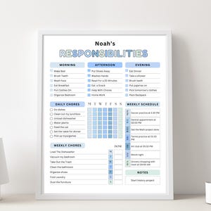 K&ouml;nnte beinhalten: Ein gerahmter Aufgabenplan mit dem Namen "Noah's" oben. Die Tabelle ist in Abschnitte f&uuml;r Morgen-, Nachmittags- und Abendaufgaben unterteilt, mit einem Wochenplan und Abschnitten f&uuml;r t&auml;gliche und w&ouml;chentliche Aufgaben. Das Farbschema ist &uuml;berwiegend blau und wei&szlig;.