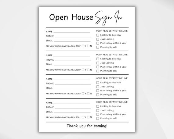 EDITABLE Open House Sign In Sheet. Printable Real Estate Marketing. Realtor Open House Flyers and Forms. Canva Template PDF Instant Download