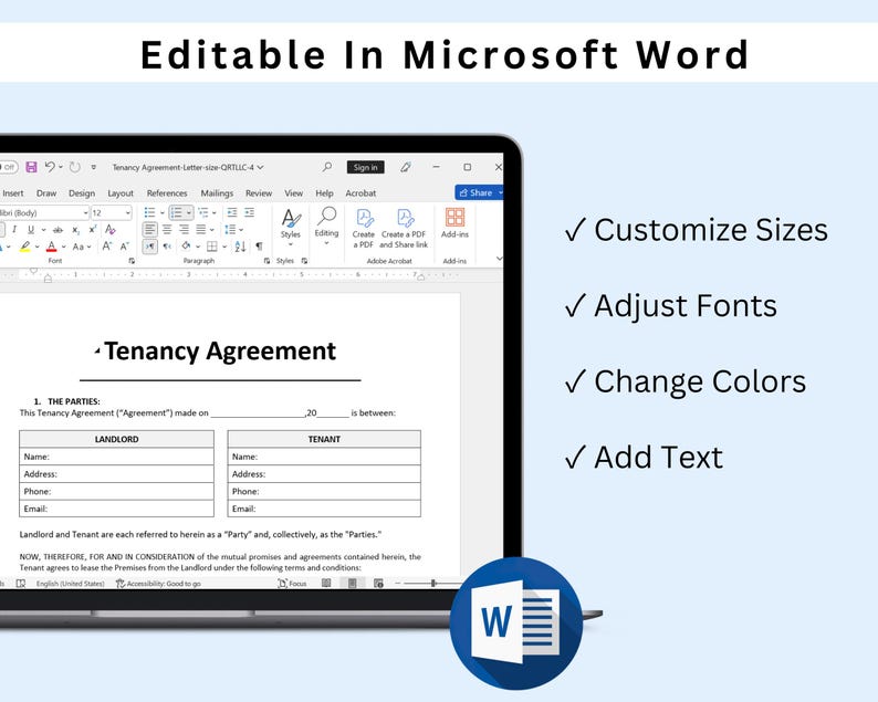May include: A screenshot of a Microsoft Word document with a Tenancy Agreement template. The document is open on a laptop computer. The text on the screen says "Tenancy Agreement" and includes fields for Landlord and Tenant information. The image also includes a list of features that can be customized in the document, including font, size, and color.