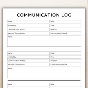 Op de afbeelding: Een blanco communicatielog-sjabloon met drie secties om communicatiegegevens vast te leggen. Elke sectie bevat velden voor naam, geïnitieerd door, communicatiemethode, aard van de communicatie, notities, datum, tijd, duur en opgeslagen communicatie.