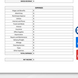 May include: A white document with a detailed expense report, including categories like wages, advertising, and utilities. The document also features a gross revenue and net income section. Icons for Word, DOC, and PDF files are visible.