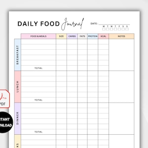 Dagelijks voedingsdagboek. Calorietracker. Dagelijks calorieën tellen. Eetdagboek. Maaltijdjournaal. Voedselplanner. Eetdagboek digitaal. Afdrukbare pdf