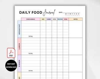 Daily Food Journal. Calorie Tracker. Daily Calorie Counting. Food Diary. Meal Journal. Food Planner. Eating Journal Digital. Printable PDF