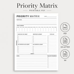 Puede incluir: Una página de planificador Priority Matrix imprimible en blanco y negro con secciones para el objetivo de hoy, la agenda de 6 a. m. a 8 p. m. y una matriz de cuatro cuadrantes para la gestión de tareas. Incluye lista de tareas y notas.