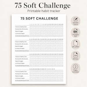 Może przedstawiać: Arkusz do śledzenia nawyków 75 Soft Challenge z czarnym tekstem na białym tle. Zawiera wiersze dla codziennych zadań, takich jak zdrowa dieta, 45-minutowy trening, czytanie, 1,5 litra wody oraz unikanie alkoholu i niezdrowego jedzenia przez 75 dni.