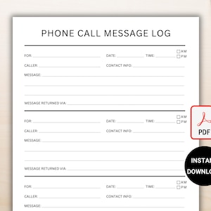 Printable Phone Call Log | Message Tracker Template | Business Communication Record Sheet | Phone Call Message Log | Client Call Record PDF