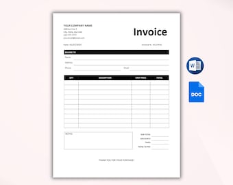 Simple INVOICE Template Editable for Small Business, Invoice Form, Custom Invoice, Invoice Word, Modern Billing Template Google Docs/Word