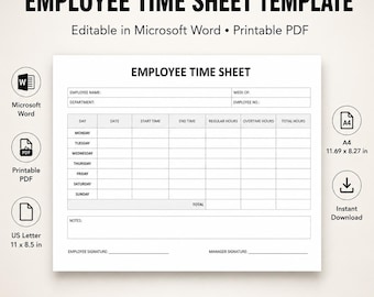 Employee Timesheet Template, Printable Weekly Work Hours Log and Staff Time Tracker, Microsoft Word & PDF Instant Download