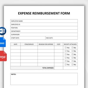Puede incluir: Un formulario de reembolso de gastos blanco con el título "EXPENSE REIMBURSEMENT FORM". El formulario incluye campos para información del empleado, detalles de gastos y archivos adjuntos de recibos. Se ven iconos de archivos DOC y PDF.