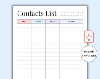 Lista de contactos imprimible. Información de contacto en PDF. Plantilla de lista de contactos. Hoja de contactos. Organizador de contactos. Registro de direcciones. Contacto de emergencia.