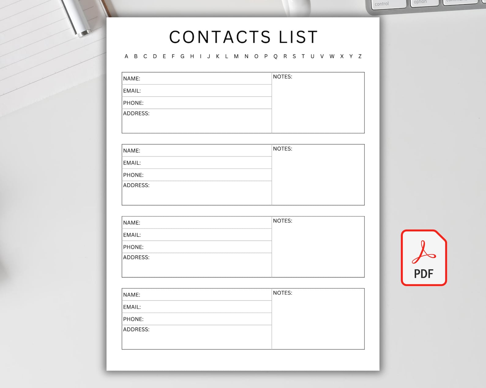Contacts List Printable PDF, Phone & Address Organizer, Emergency ...