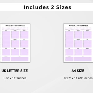 Op de afbeelding: Twee werkdagorganisator sjablonen in US Letter- en A4-formaat. De sjablonen hebben een lichtpaars ontwerp met secties voor taken, deadlines, doelen en notities. Het US Letter-formaat is 21,6 x 27,9 cm en het A4-formaat is 21 x 29,7 cm.