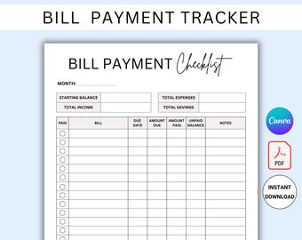Bill Zahlung Checkliste Tracker. Bill Pay Organizer. Geldscheinbearbeitung. Zahlungslogbuch. Monatliches Bill Tracker Notizbuch. Bearbeitbare CANVA. PDF-Datei