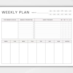 May include: A white weekly planner with the words "WEEKLY PLAN" at the top. It includes sections for weekly priorities, a habit tracker, and daily notes. The planner also has a section to write the week of.