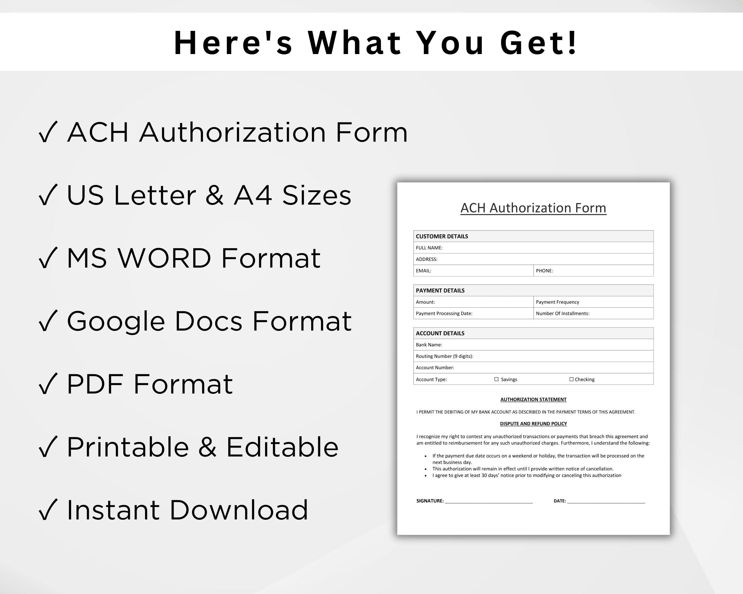 Ach Routing Form ACH Authorization Form Template. Editable Debit Authorization for ...